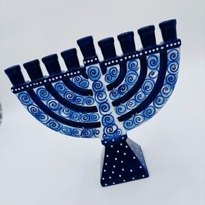 Ceramic Menorah Hand Painted Our Name Is Mud Artist Signed Blue White Polka Dots